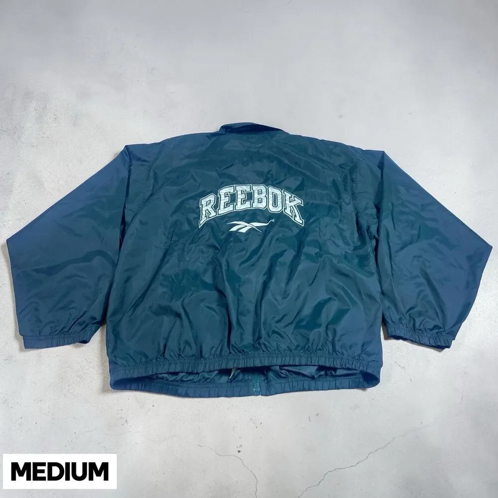 Vintage 90s Reebok Windbreaker Jacket Mens MED Green White Logo Full Zip Nylon